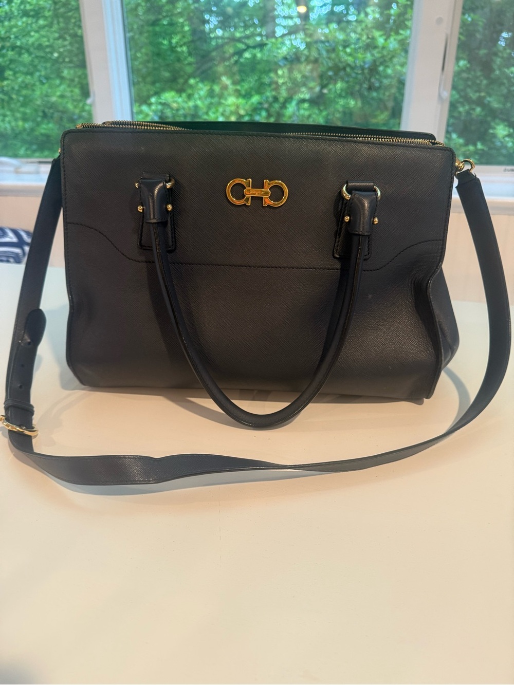 Salvatore Ferragamo Navy Saffiano Leather Top Handle Tote Gancini Shoulder Bag